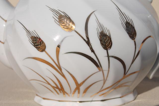vintage Lefton - Japan wheat pattern teapot, white china tea pot w/ gold wheat