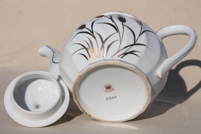 vintage Lefton - Japan wheat pattern teapot, white china tea pot w/ gold wheat