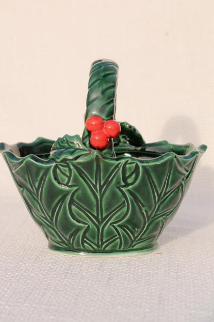 vintage Lefton china Christmas holly berry pattern flower basket or candy dish