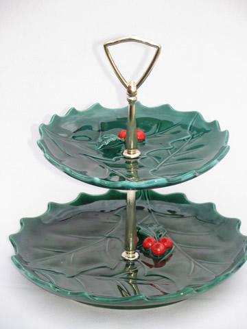vintage Lefton china Christmas holly tiered plate, two-tier server