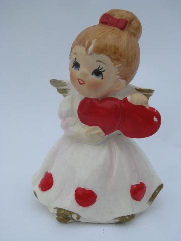 vintage Lefton china little girl angel figurine, valentine sweetheart w/ hearts