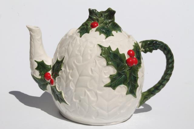 vintage Lefton china white holly Christmas tea pot, Lefton's Japan