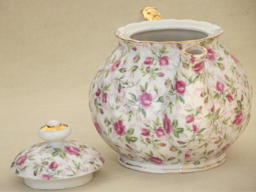 vintage Lefton rose chintz china teapot, large round tea pot