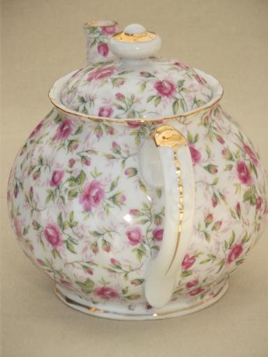 vintage Lefton rose chintz china teapot, large round tea pot