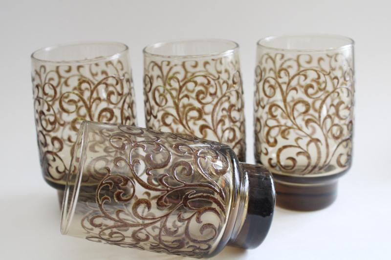 vintage Libbey Prado tawny smoke glass drinking glasses, brown scrolls mod Accent shape