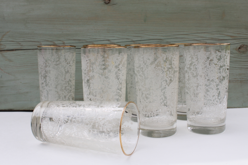 vintage Libbey glass tumblers, white lace texture pattern set of 8 highball glasses