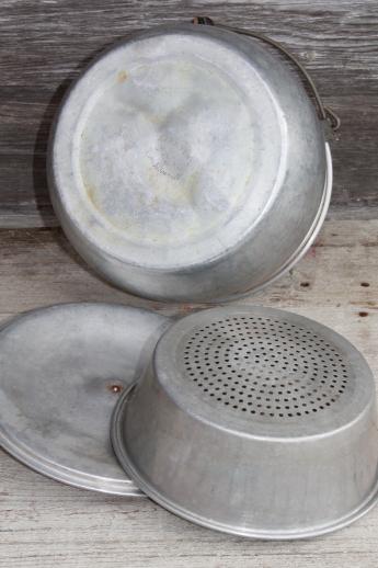 vintage Lifetime aluminum kettle w/ wood handle wire bail & jelly strainer basket pot insert
