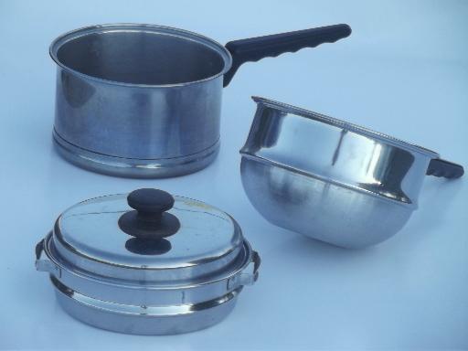 vintage Lifetime stainless pots & pans lot, egg poacher, double boiler