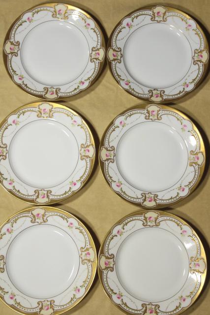 vintage Limoges B & Co french porcelain china dessert plates, hand painted floral w/ gold