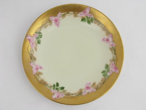 vintage Limoges french china dessert plates, handpainted roses & gold