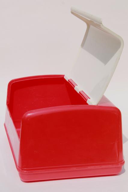 vintage LustroWare bread box in cherry red & white plastic, 50s Lustro Ware breadbox