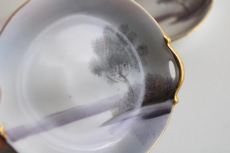 vintage M mark Noritake hand painted china tiny plates, grey monochrome tree on lake scene