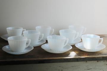 vintage Macbeth Evans Monax white opalescent depression glass cups  saucers, fluted petalware