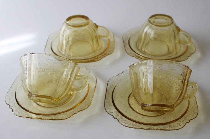 vintage Madrid pattern amber depression glass cups & saucers set for 4