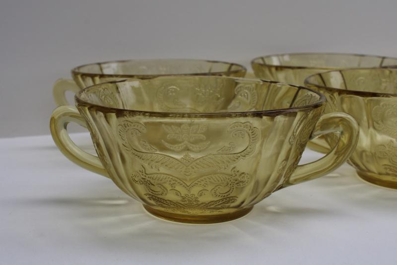 vintage Madrid pattern yellow depression glass bowls, cream soup double handle cups