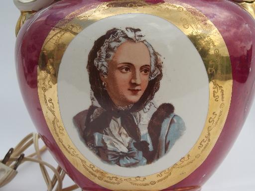 vintage Martha Washington portrait lady china lamp, pink marble luster