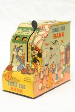 vintage Marx tin toy, mechanical coin savings bank Walt Disney Donald Duck