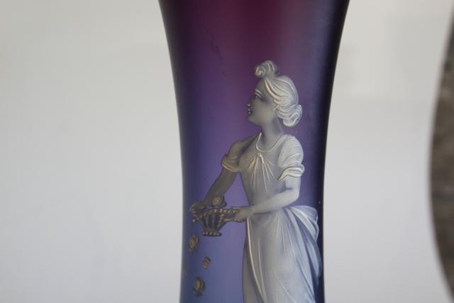 vintage Mary Gregory hand painted glass vase, Bohemian or French glass satin shaded blue purple