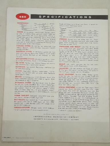 vintage McCormick Farmall IH 460 tractor advertising leaflet w/ specs