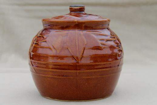 vintage McCoy pottery bean pot, stoneware crock w/ pea pod or beans & vine design