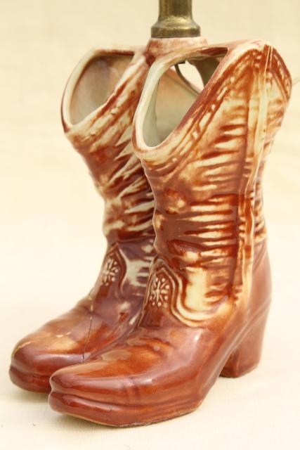 vintage McCoy pottery cowboy boots, retro table lamp, western cowgirl junk style!