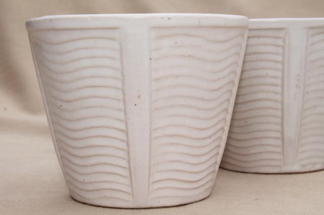 vintage McCoy pottery flower pot planters, matte white glaze pots w/ mod wavy lines