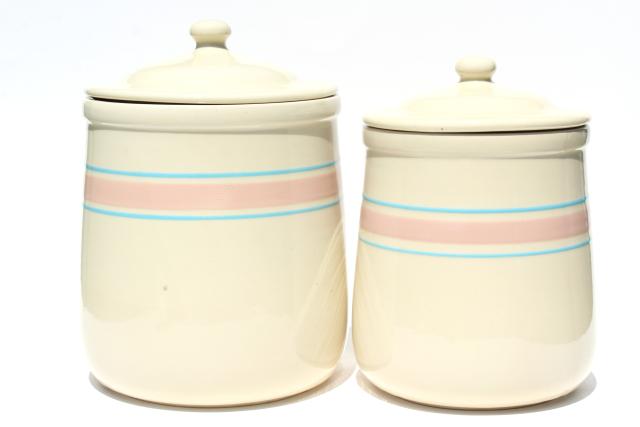 vintage McCoy pottery utility ware pink & blue band cookie jar & large canister 
