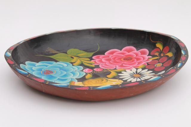 vintage Mexican batea tray, carved wood bowl w/ bright hand painted flowers on black