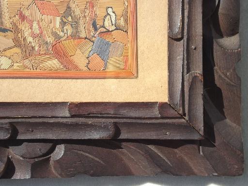 vintage Mexican carved wood frame w/ colored straw folk art picture