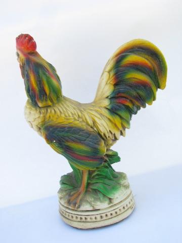 vintage Mexican folk art hen & rooster chickens, brightly painted chalkware