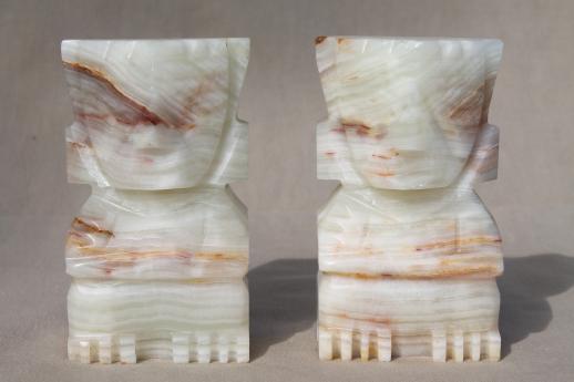 vintage Mexican onyx book ends, Aztec Indian carved stone head