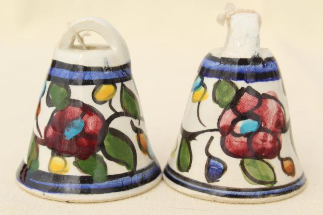 vintage Mexican pottery bells, hand painted rustic folk art wind chimes