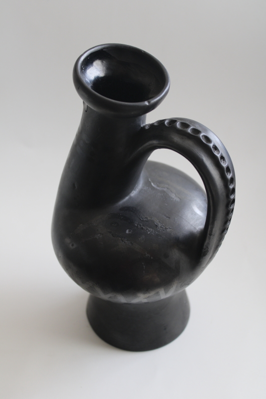 vintage Mexican pottery black clay rooster chicken shape jug, vase or pitcher