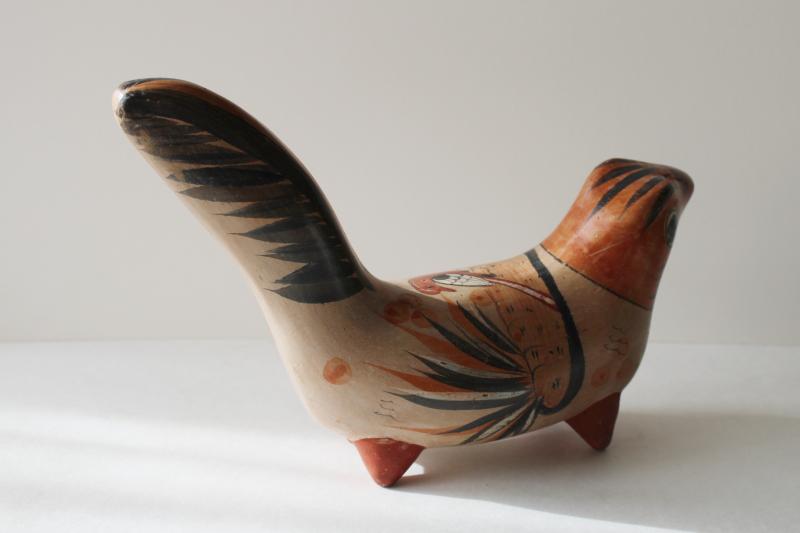 vintage Mexican pottery figurine, Tonala burnished clay hand painted squirrel, or bird?