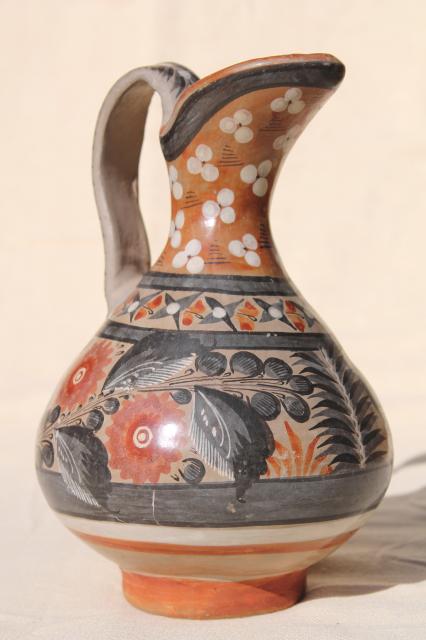 vintage Mexican pottery pitcher, Tonala style hand painted burnished glaze
