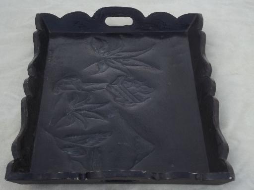 vintage Mexican tin clad tray w/ old Mexico design, worn black finish