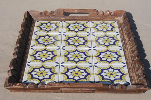 vintage Mexico carved wood trays w/ hand-painted Mexican pottery tiles