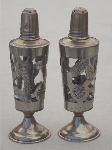 vintage Mexico hand tooled metalwork shakers set, nickel silver over brass 