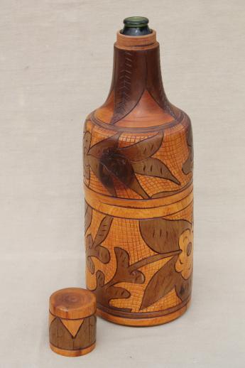 vintage Mexico hand-carved wood wine bottle carrier case / carafe