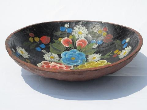 vintage Mexico, wood batea bowl, bright hand-painted flowers on black