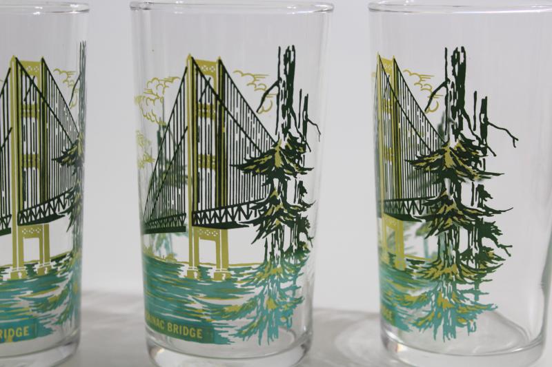 vintage Michigan souvenir drinking glasses, Mackinac Island bridge print tumblers