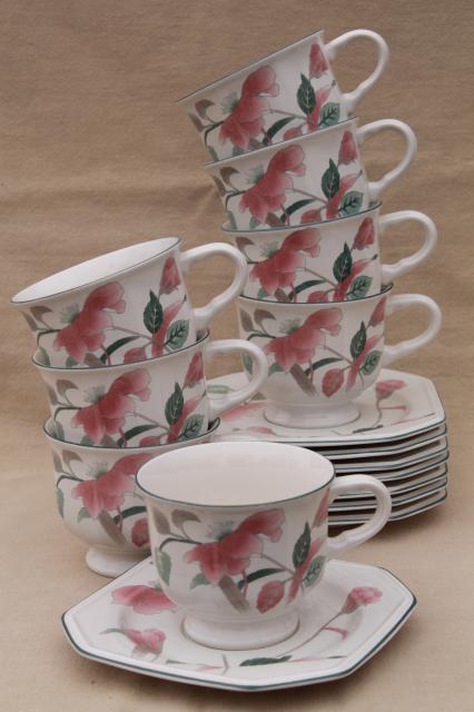 vintage Mikasa Silk Flowers Japanese inspired floral pattern china tea cups & saucers set