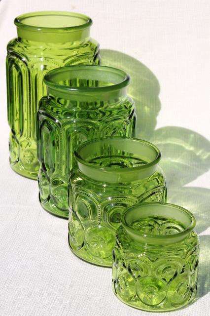 vintage Moon & Stars green glass canister jars, flour, sugar, coffee, tea canisters