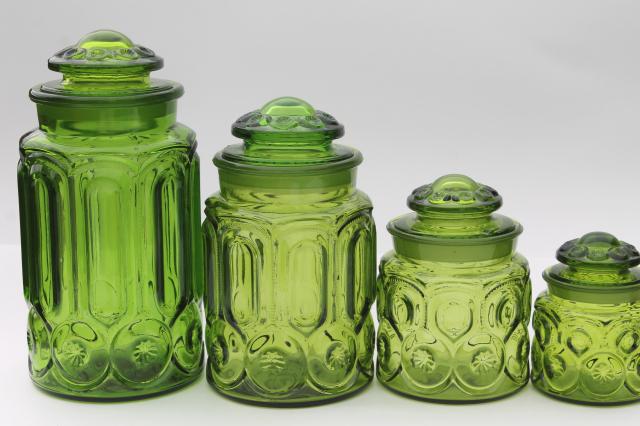 vintage Moon & Stars green glass canister set, flour, sugar, coffee, tea canisters