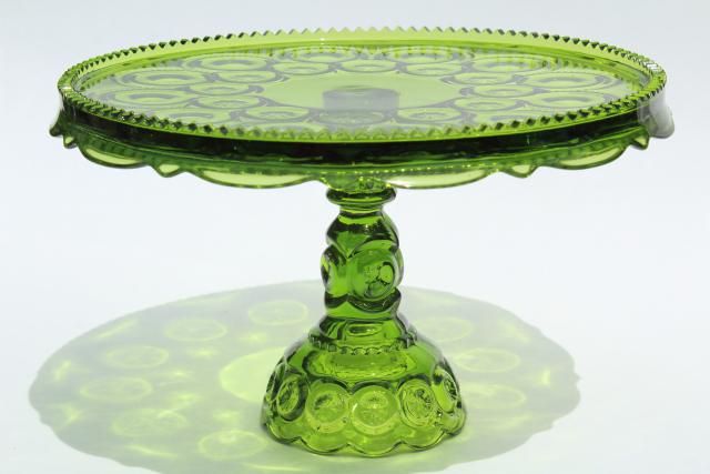 vintage Moon & Stars pattern green glass cake stand, dessert pedestal plate
