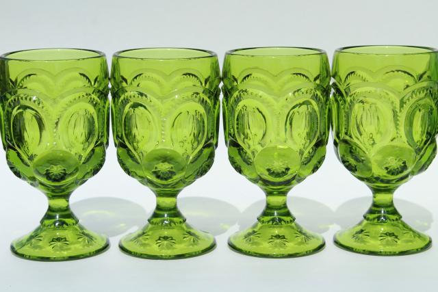 vintage Moon & Stars pattern green glass water glasses or large wine goblets, set of 8