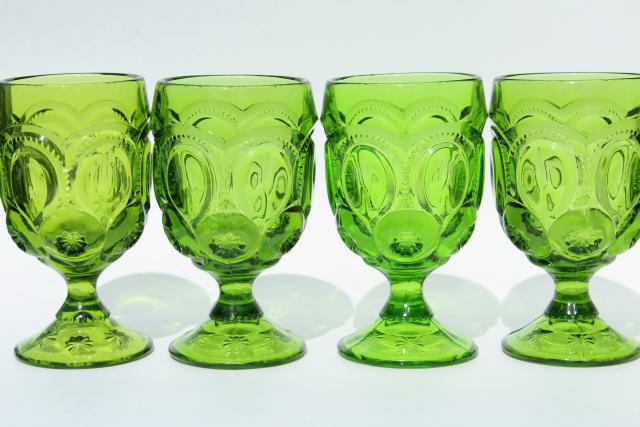 vintage Moon & Stars pattern green glass water glasses or large wine goblets, set of 8