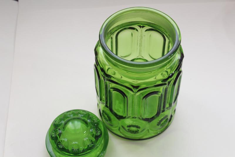 vintage Moon and Stars pattern green glass canister, good replacement jar w/ chipped lid