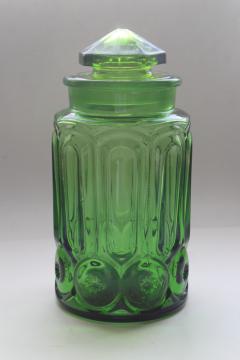 vintage Moon and Stars pattern green glass cookie jar or large canister w/ lid