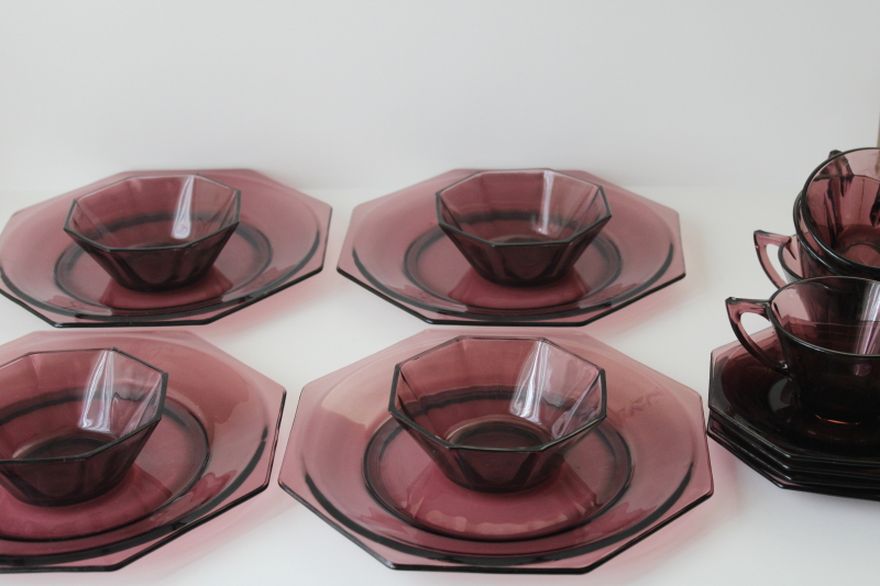 vintage Moroccan amethyst dishes set, plum purple glass luncheon plates, bowls, cups  saucers